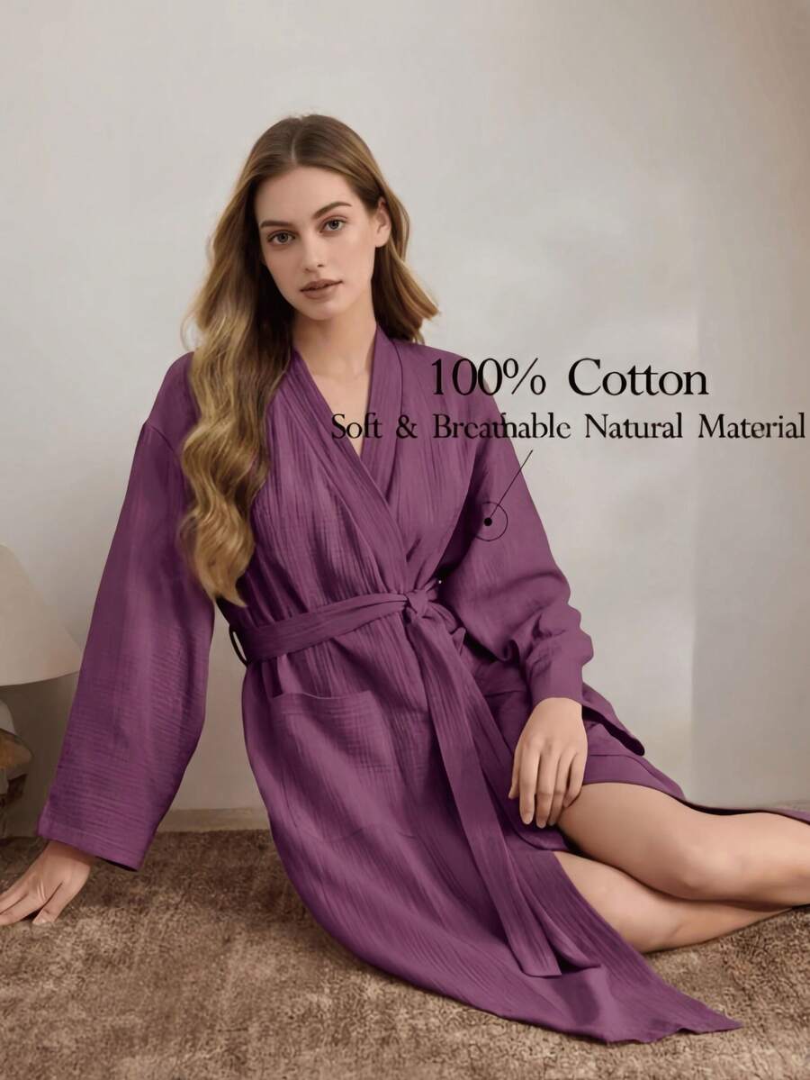 1pc Women's Casual Bathrobe, Soft Comfortable Cotton Mesh Double Layer Bathrobe, Home Bathrobe, Sleepwear, Comfortable Set, Suitable For Spring, Summer, Autumn, Winter - Purple - View 1