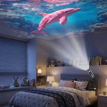 1個便攜式USB海洋生物投影小夜燈，附4款可替換海洋主題幻燈片圖案：粉色鯨魚、水母、粉色海豚和藍色鯨魚，LED氛圍燈，360°自由旋轉，適合床頭夜燈 - 黑色 - 查看 11