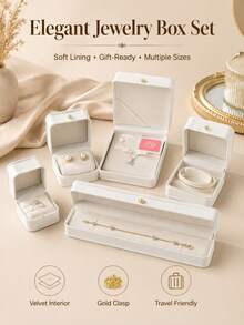 1pc Elegant Cream Jewelry Gift Box, Ring Earring Necklace Bracelet Storage Display Box, Gold Button Closure, Luxury Wedding Engagement Proposal Gift Packaging Box - White - View 1