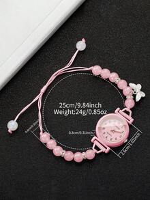 Women's Adjustable Cord Beaded Watch With Butterfly Pendant, Small Digital Dial, Versatile Niche Quartz Wristwatch, Gift For Girlfriend (1pc/Set) Watch Box Not Included - Pink - View 5