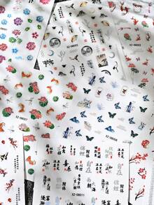 12入中式美甲貼紙 梅花鳥花枝圖案 自黏式美甲裝飾貼花 DIY美甲裝飾 - 彩色 - 查看 7