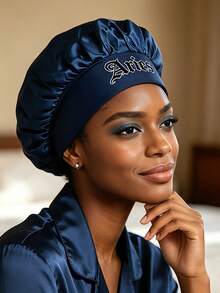 1Pc Women's Navy Satin Sleep Bonnet, 12 Constellation Print Extra Large Night Cap With Wide Elastic Band, Lightweight Silky Hair Care Hat - Dark Blue - View 2