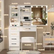 Teousev Dressing Table With LED Lights Mirror & Stool, Vanity Makeup Table With 5 Drawers, Open Storage Shelves, 3 Colour Adjustable Light, Lockable Drawers, White Cosmetic Desk For Bedroom - White - View 7