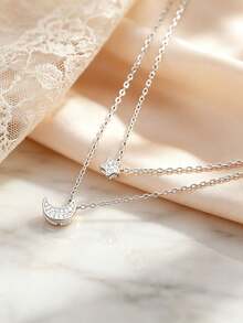 1pc S925 Sterling Silver Inlaid Synthetic Zirconia Exquisite Star & Moon Double Layer Design Necklace, Elegant Elegant Women's Daily Wear, Quality Jewelry Gift For Lovers On Festivals And Anniversaries - Silver - View 3