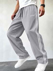 Men's Gray Striped Sweatpants, Sports Training Pants, Gym Pants, Comfortable Casual Pants, Open Hem, Side Stripe Design, Autumn Style - Light Grey - View 1