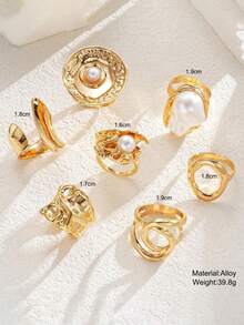 7/3pcs Asymmetrical Pearl Flower Rings, Geometric Shape, Tassel Effect, Hollow Round, Multi-Layer Metal Texture, Extra Large Size, Rugged Chic, Elegant Retro, Suitable For Festivals, Parties, Dates, Gifts, Daily Wear - Gold 1 - View 3