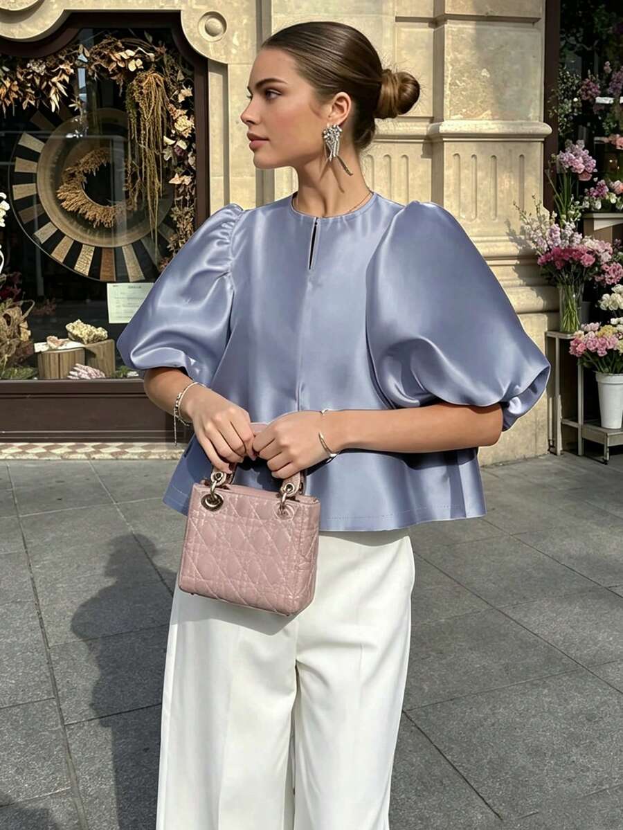 2026春夏秋冬新款時尚優雅老錢風復古街頭商務休閒日常通勤緞面圓領泡泡袖上衣