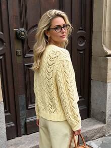 Yellow Hollow Cable Knit Round Neck Sweater Cardigan Women Autumn/Winter Soft Fluffy Slouchy Knit Cardigan - Yellow - View 3
