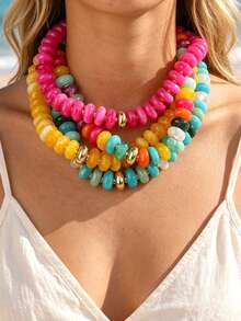 1pc Bohemian Y2K Creative Fashion Elegant Exquisite Luxurious Sweet High-Quality Dopamine Color Flat Resin Beaded Chunky Necklace For Women, Sisters, Couples, Prom/Evening Party, Ceremony, Exquisite Jewelry Gift, Suitable For Daily Wear, Dating, Party, Holiday, Music Festival, Commuting, Wedding, Halloween, Christmas (Bead Color Random) - necklace - View 2