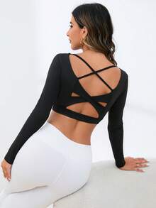 1PC Black Cross Hollow Back Short Long Sleeve Women's U Neck Slim Fit Fitness Top - Black - View 3