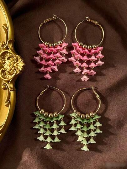 1 Pair Fashion Vintage Fresh Green & Pink Orchid Bell Shaped Long Tassel Round Bohemian Style Earrings, Luxury High-End Long Earrings