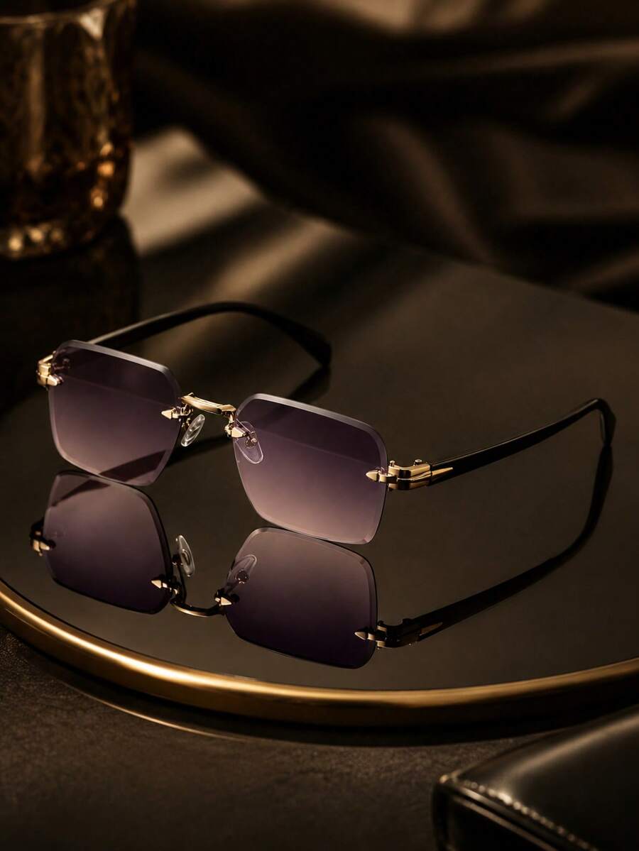 Men's Rimless Square Gold Decorative Fashion Glasses, UV Protection Black Lenses, Lightweight Fashion Glasses, Suitable For Casual Daily Wear, Driving And Street Style - Multicolor - View 1