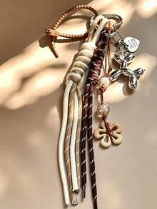 Vintage Leopard Bag Charm Keychain, Boho Braided Rope Bag Pendant With Heart, Eyeglasses & Flower Charms, Y2K Retro Bag Accessories Gift For Women - Multicolor - View 6