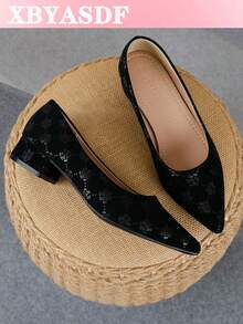 XBYASDF 2026 New Women's Black Dark Rose Pattern Pointed Toe Chunky Heel Pumps, 3cm High Heel Slip-On Shoes, Elegant Commuter Shoes - Black - View 1