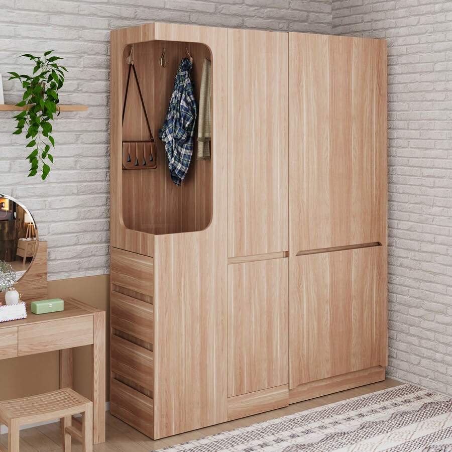 Large Wardrobe Bedroom With Storage With Doors Natural Wood With Drawers And Shelves - 自然的 - 查看 1