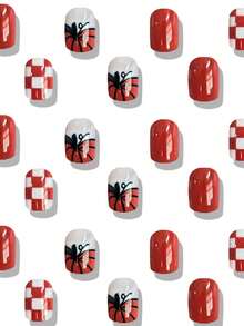 24 Peças Unhas Postiças Quadradas Fofas Vermelhas Curtas com Estampa de Abóbora e Grade, Unhas para o Dia de Ação de Graças - Multicolorido - Visão 2