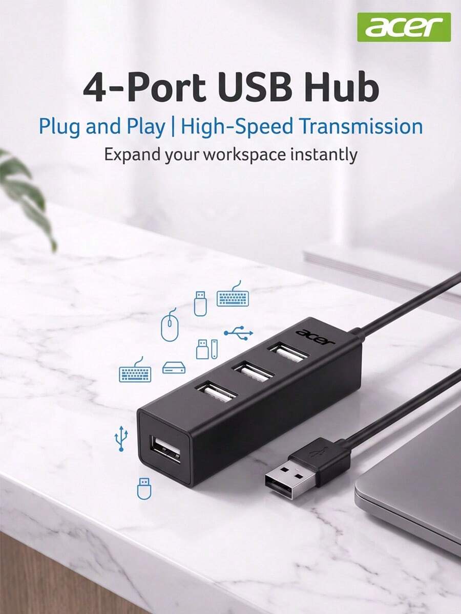 Acer USB 集線器 4 埠 USB 分配器 多埠 USB 延長線轉接頭 適用於筆記型電腦、桌上型電腦與行動裝置 - 黑色 - 查看 1