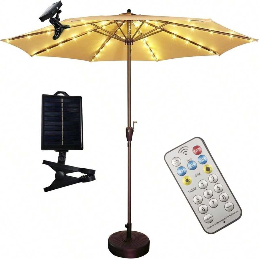 1pc Solar Powered Patio Umbrella Light, 104 LED Umbrella Pole Light With Remote Control, 8 Lighting Modes, LED String Lights, Fairy Lights, Suitable For Camping Tent Garden Party Decoration, Solar Wireless Umbrella Light For Yard Gazebo (Battery Included) - Warm White - View 1