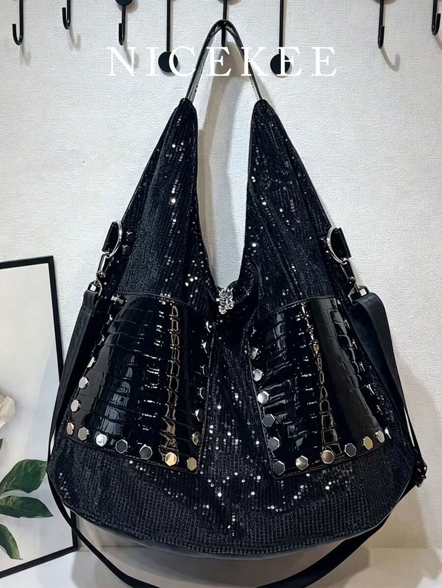 Nicekee Sparkling Rivet Splicing Shoulder Bag, Personalized And For Female Commuting, Suitable For Daily Shopping And Short Distance Travel - Black - View 1