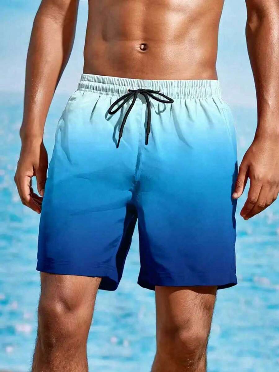 男士寬鬆沙灘運動短褲,抽繩快乾漸層色短褲,輕量短褲,適合夏季沙灘度假衝浪,夏威夷風格 - 彩色 - 查看 1