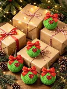 6pcs/Set Christmas Bow Heart-Shaped Plush Ball Decorations, Christmas Decor Set, Suitable For Decorating Christmas Holiday Events, Theme Parties And Celebration Occasions, Also Suitable For Christmas Tree, Fireplace And Christmas Wreath Decoration - Multicolor - View 4