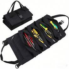 Conjunto de bolsa de ferramentas portátil preta com alça de mão e fecho de segurança, design compacto e dobrável com 4 bolsos individuais para organizar suas ferramentas, feita de tecido Oxford resistente à água, acessório versátil para manutenção de bicicletas, eletrônicos e pequenos reparos domésticos. - A - Visão 2