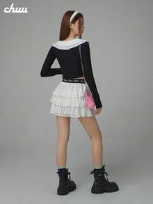 Áo thun nữ CHUU cổ bèo, dáng petite, ôm slim fit, phối ren, tay dài, lớp mặc trong mùa thu - màu đen - Xem 5