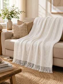 1pc Wavy Pattern Acrylic Knit Blanket, Nordic Style Rectangular Tassel Solid Color Sofa Throw Bed Decorative Blanket Nap Blanket - Vertical Stripes Three Bend Beige - View 3