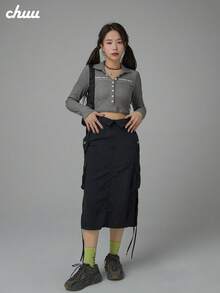 CHUU 女款鈕扣翻領修身顯瘦時尚百搭長袖套頭上衣 秋季 - 灰色 - 查看 2