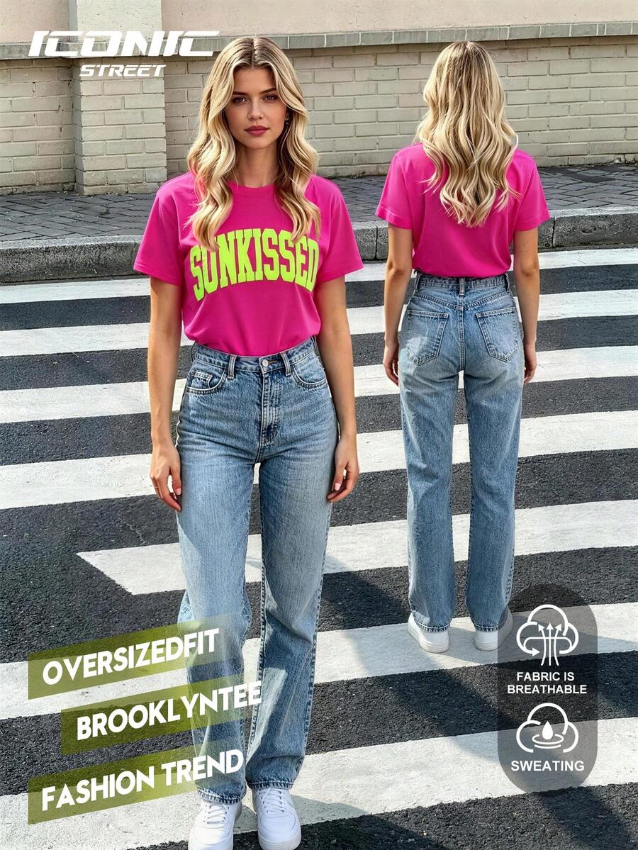 Women's Spring/Summer Vacation Letter Print Round Neck Short Sleeve Casual T-Shirt - Hot Pink - View 1