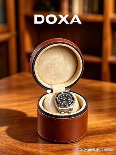 Kotak Penyimpanan Jam Tangan DOXA Vintage Cokelat Jahitan Bulat dengan Bantalan Beludru Krem, Kotak Hadiah Tahan Tekanan untuk Pria, Hadiah Hari Ayah