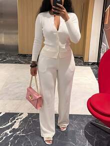 女款白色羅紋針織兩件套 V領鈕扣開襟長袖上衣＋高腰寬腿褲套裝 - 白色 - 查看 5
