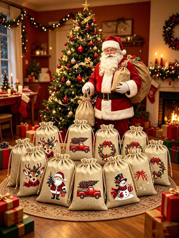 12pcs Christmas Linen Gift Bags, 14.99 X 9.91 Cm Reusable Drawstring Gift Bags, 12/5/1pc 5 Christmas Theme Designs Randomly Shipped, Perfect For Christmas Party Gifts, Birthday Gifts And Christmas Tree Decorations