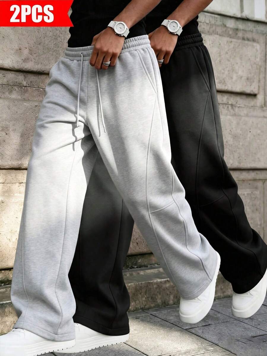 2pcs Men's Solid Color Drawstring Waist Pocket Casual Loose Sports Sweatpants, Knit Fabric Athletic Long Pants - Multicolor - View 1