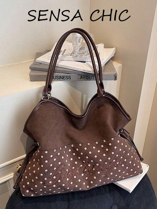 Korean Style Gentle Polka Dot Tote Bag, Suede Texture Patchwork Body, 3D English Embroidery, Drawstring Closure, Adjustable Shoulder Strap, Student Commuter Shoulder Bag