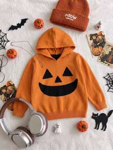 Boys Casual Solid Color Pumpkin Pattern Knit Pullover Hoodie Sweater Long Sleeve Suitable For Daily Wear Party Spring Autumn Winter - Orange - View 2