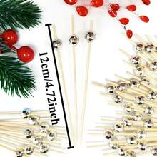 100pcs Disco Mirror Silver Beads And Space Ball Cocktail Picks - Elegant Bamboo Skewers, Toothpicks, Suitable For Christmas Party, Bar Decor, Fruit, Cake And Snack Display - Silver - View 8