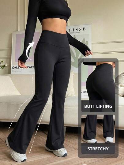 1pc Women's Sports Flare Leggings, High Waist Tight Fit Workout Butt-Lifting Yoga Pants, Fashion Slimming Long Pants For Outdoor Wear