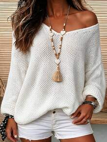 Women's White Deep V Neck Chunky Knit Sweater, French Romantic Loose Drop Shoulder Pullover, Casual Oversized Long Sleeve Fall Winter Knit Top - White - View 1