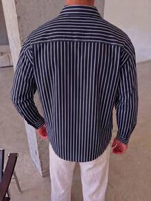Men's Vertical Striped Long Sleeve Shirt, Turn-Down Collar Design, Chest Pocket, Front Button Closure, Loose Fit, Casual Daily Wear - Multicolor - View 2