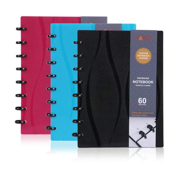 Eagle Discbound Notebook, Customizable Notebook, Junior Size, 8-Disc Refillable Spiral Journal, Poly Cover, 60 Sheets Ruled/Lined Pages, Black/Red/Blue