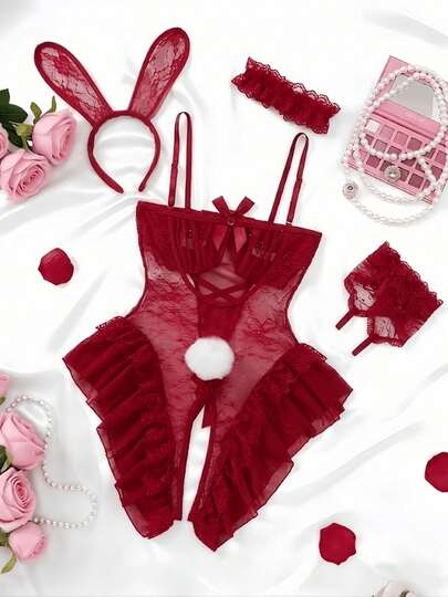 4‑Piece Red Lace Bunny Decor Outfit Set, Women Spaghetti Strap Ruffle Mesh Bodysuit With Ear Headband And Wrist Cuffs, Party & Home Loungewear