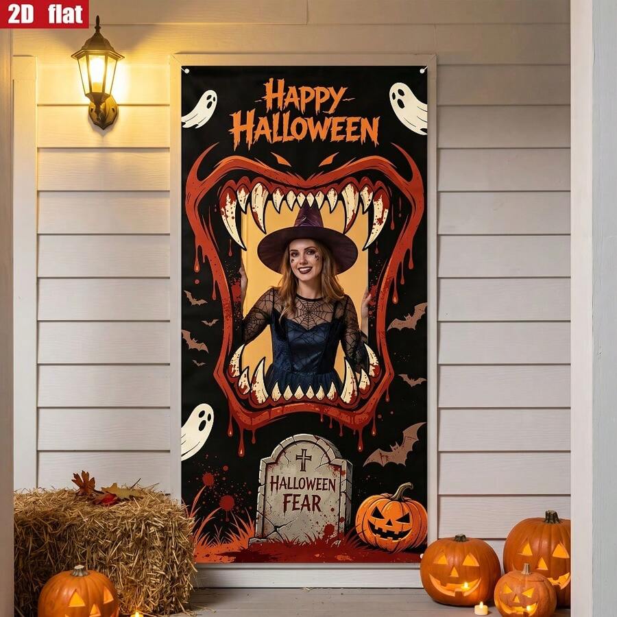 2D Flat Halloween Giant Fang Rectangular Hollow Photo Frame Backdrop Banner, Ghost Bat Pumpkin Tombstone Horror Party Portrait Photography Decoration Cloth - 1 - View 1