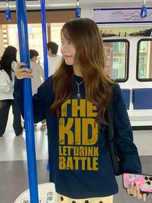 Women's Spring/Autumn Loose Fit Versatile Round Neck Fashion Casual Letter Print Long Sleeve T-Shirt - Navy Blue - View 2