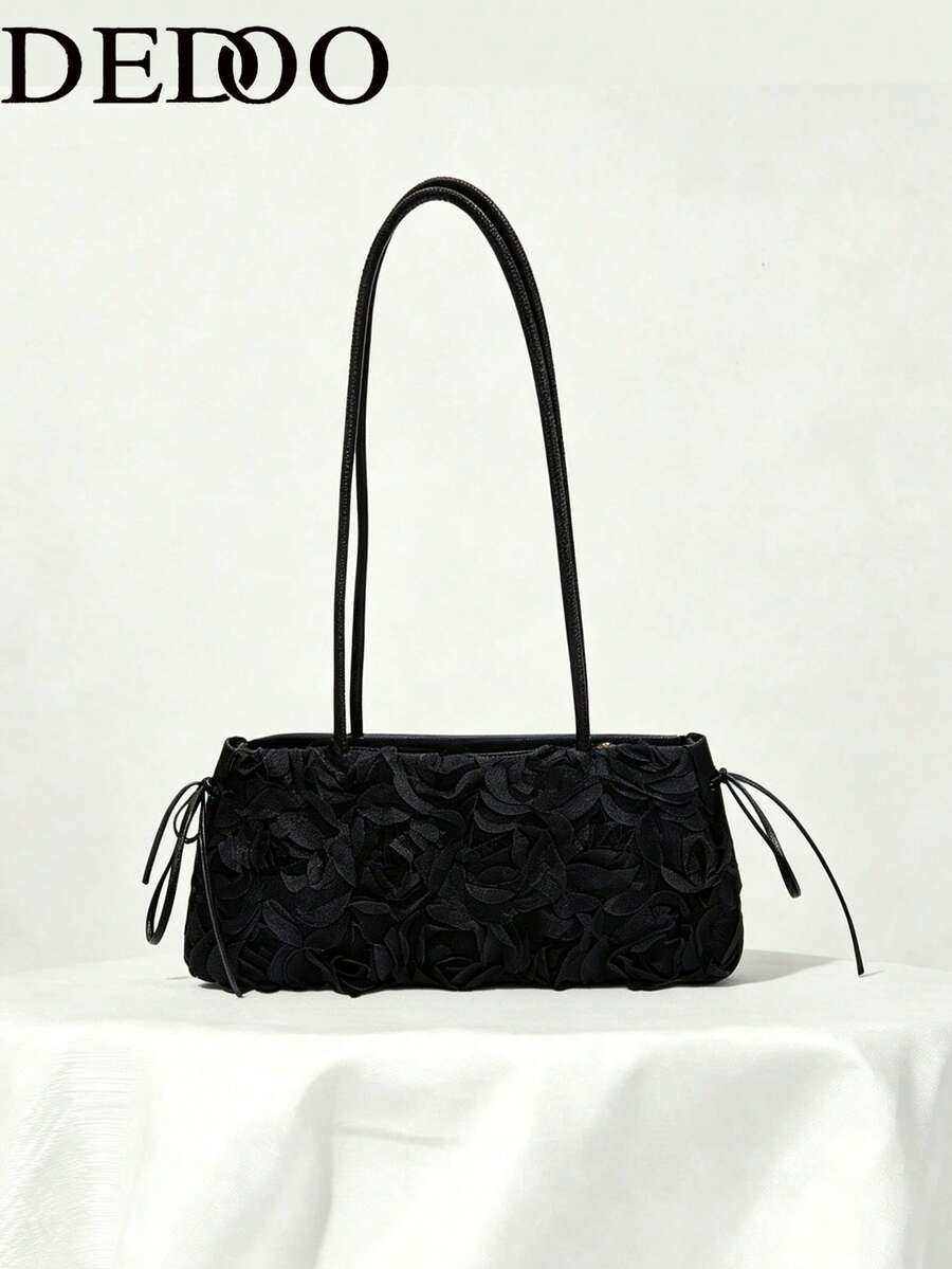 Dedoo Women's Shoulder Handbag With 3D Rose Flower Applique Pattern, Long Spaghetti Strap, Romantic Portable Bag Suitable For Dating, Wedding, Summer Use (Random Pattern)