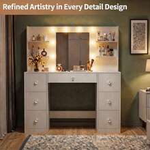 Teousev Dressing Table With LED Lighted Mirror, 7 Drawers & Open Side Storage Shelves, White Makeup Vanity Desk With Adjustable 3 Light Modes For Bedroom - White - View 1