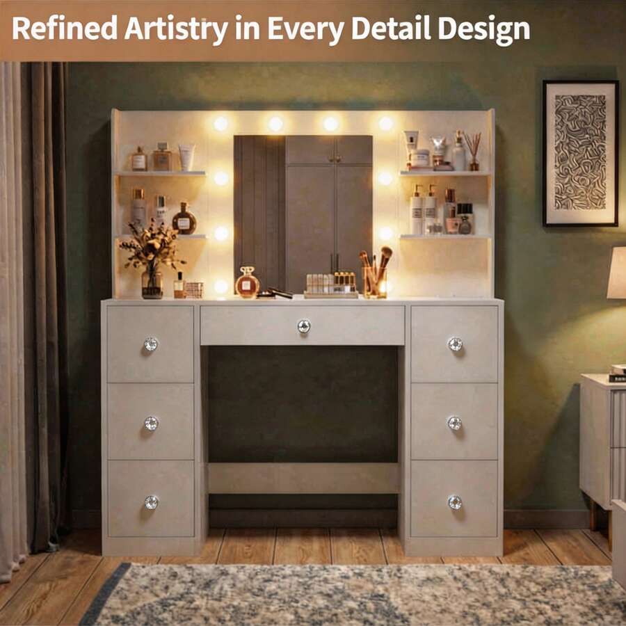 Teousev Dressing Table With LED Lighted Mirror, 7 Drawers & Open Side Storage Shelves, White Makeup Vanity Desk With Adjustable 3 Light Modes For Bedroom - White - View 1