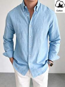 Mercer Haus Men's Pure Cotton Long Sleeve Shirt, Casual Business Solid Color Commuter Shirt - Blue - View 1