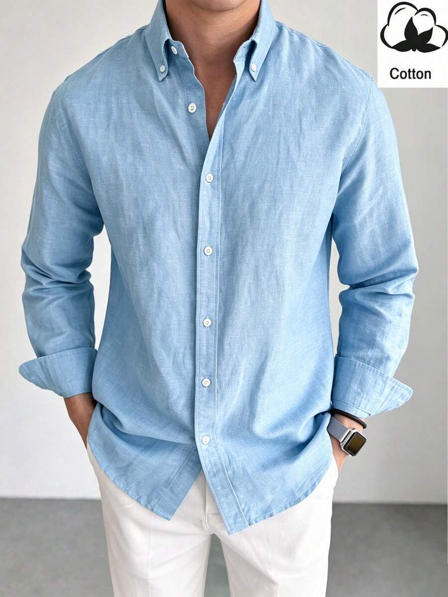 Mercer Haus Men's Pure Cotton Long Sleeve Shirt, Casual Business Solid Color Commuter Shirt - Blue - View 1