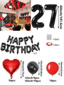 53 件红色和黑色气球花环生日套装，40 英寸黑色聚酯薄膜数字气球，适合 16 岁、18 岁、20 岁、21 岁、22 岁、25 岁、30 岁、35 岁、40 岁生日派对装饰、房间装饰、摄影道具 - 紅黑色 - 查看 28